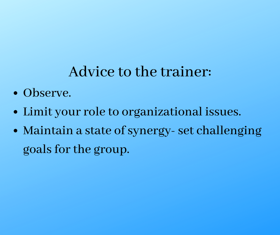 Advice to the trainer:
Observe.
Limit your role to organizational issues.
Maintain a state of synergy- set challenging goals for the group.